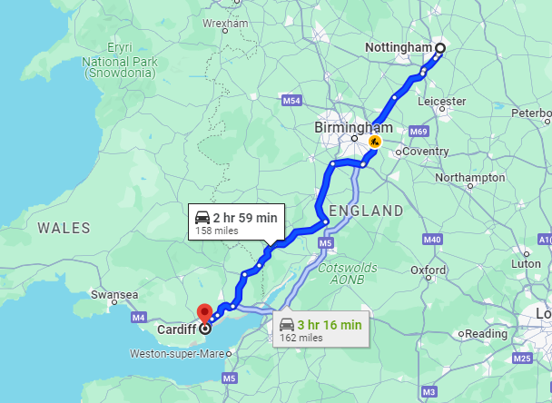 Total Distance and Different Routes of Nottingham to Cardiff Taxi: