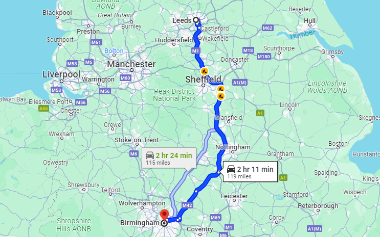 Total Distance and different Routes of Leeds to Birmingham taxi with Pick Drop UK: