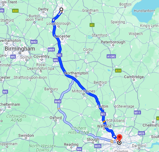 Total distance and different routes of Nottingham to London Taxi