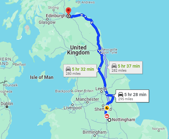 Total Distance between Nottingham to Edinburgh Taxi: