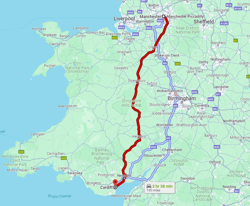 Totoal Distance and different from Manchester to Cardiff: