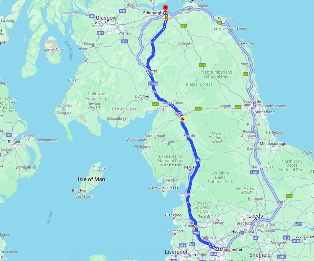 Total distance and different routes of Manchester to Edinburgh Taxi via Pick Drop UK: