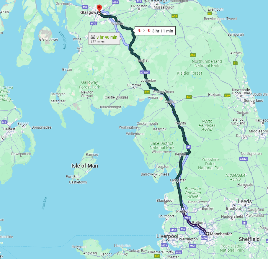 Total Distance and Different Routes of Manchester to Glasgow Taxi with Pick Drop UK: