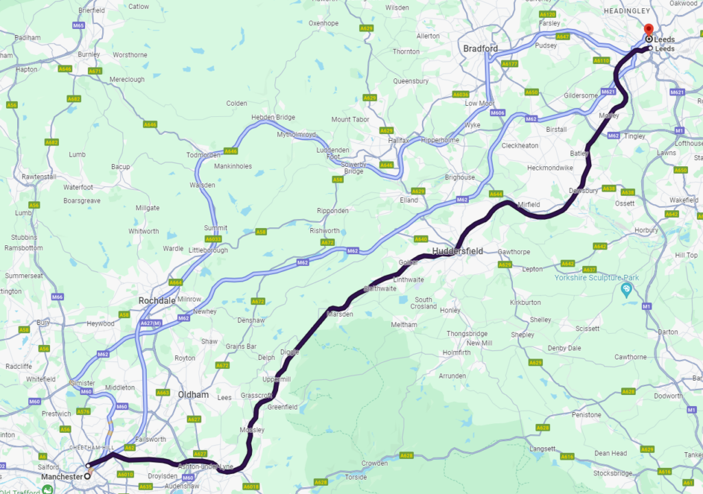 Total Distance and Different Routes of Manchester to Leeds Taxi with Pick Drop UK: