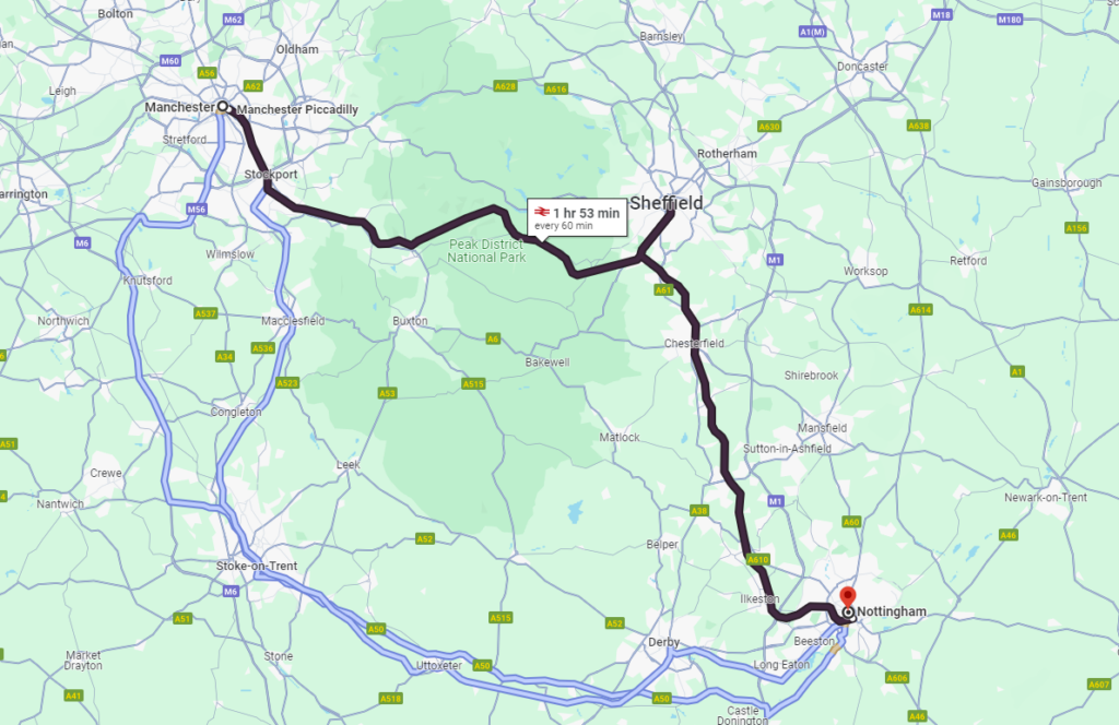 Total Distance and Different Routes of Manchester to Nottingham Taxi with Pick Drop UK: