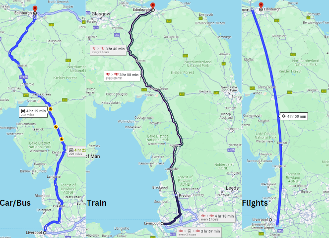 Total Distance And Different Routes of Liverpool to Edinburgh taxi by Pick Drop UK: