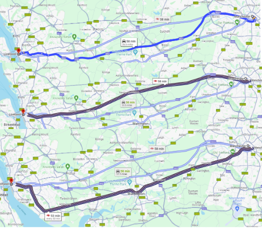 Distance and Routes from Manchester to Liverpool: