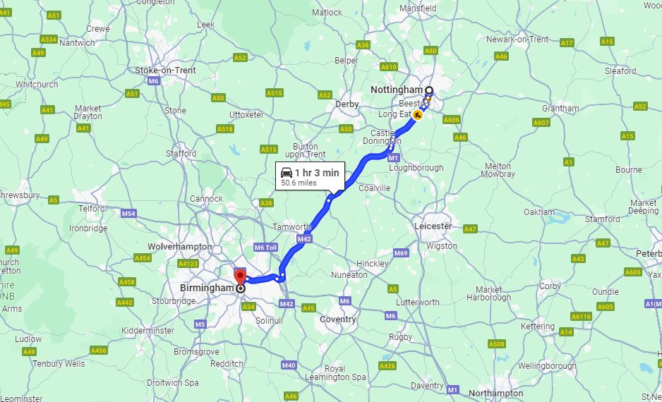 Total Distance and Different Routes of Nottingham to Birmingham Taxi - Pick Drop UK
