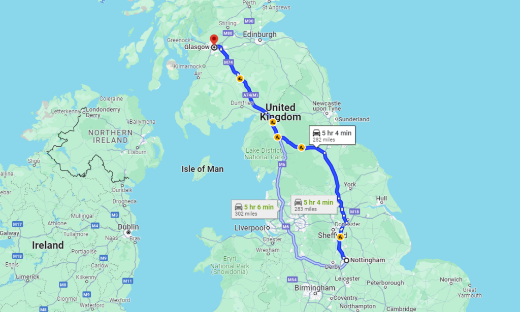 Total distance and different routes of Nottingham to Glasgow Taxi via Pick Drop UK: