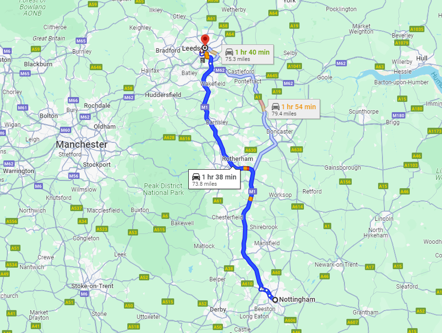 Nottingham to Leeds Taxi through Pick Drop UK: Total Distance and Diverse Routes: 