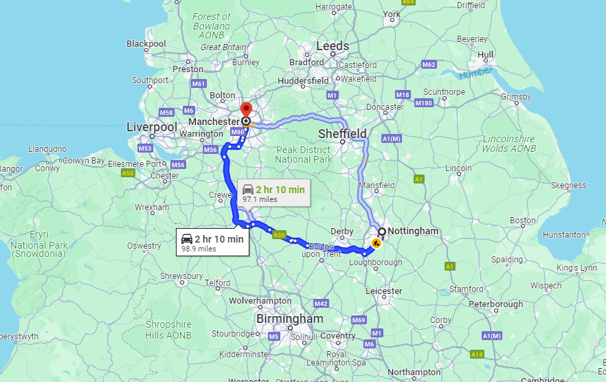 Total Distance and Different Routes of Nottingham to Manchester Taxi - Pick Drop UK
